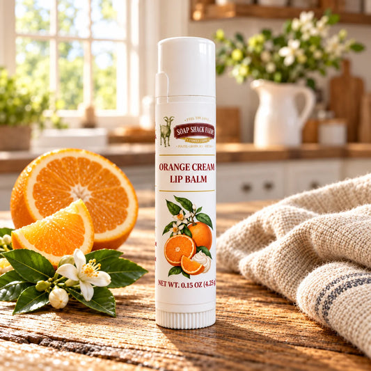 Soap Shack Farms Orange Cream lip balm on a rustic wooden table beside orange slices, citrus blossoms, and linen in a sunlit farmhouse setting.