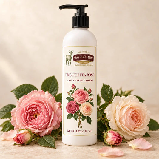 English Tea Rose Body Lotion with pink and cream roses, handcrafted by Soap Shack Farms