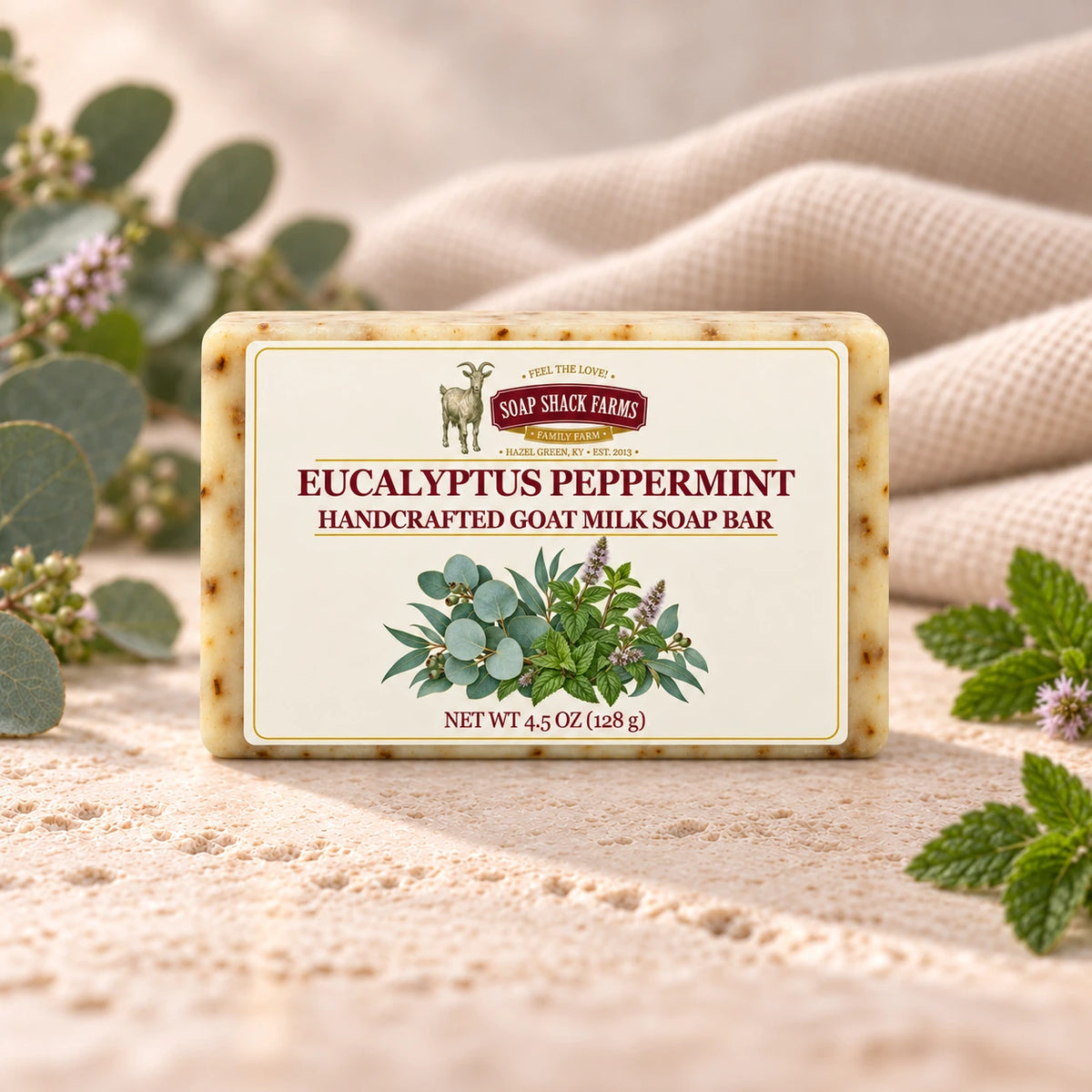 Eucalyptus Peppermint goat milk soap bar styled with eucalyptus, peppermint and soft cream linen.