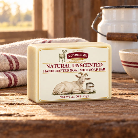Natural Unscented goat milk soap bar on a rustic wooden table with farmhouse linen and an enamel milk pail.