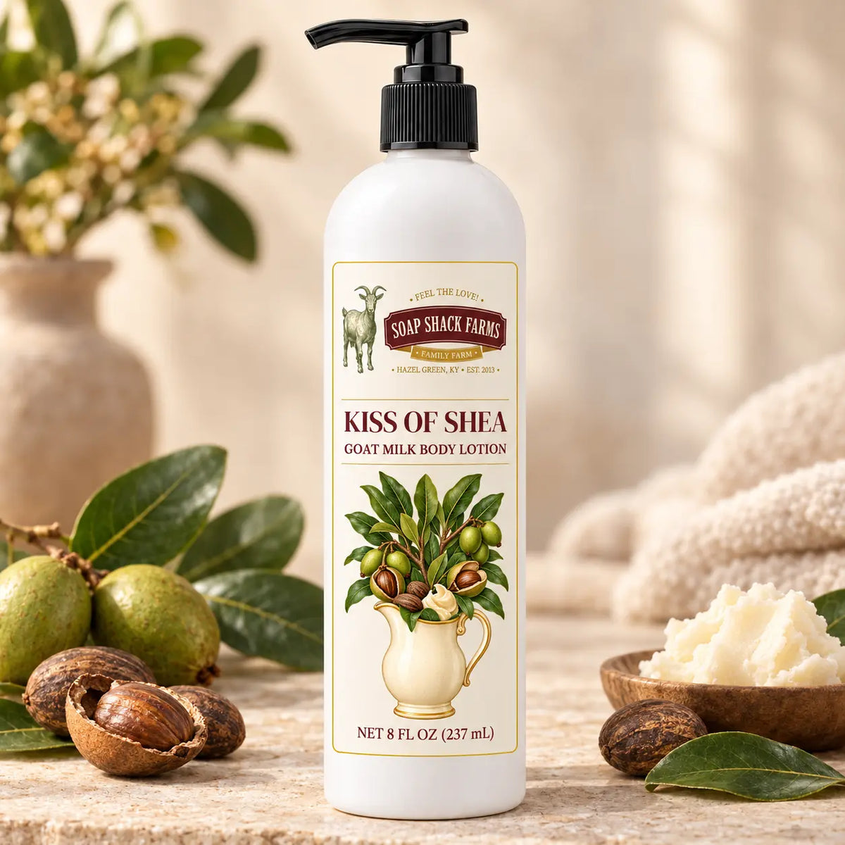 Soap Shack Farms Kiss of Shea Goat Milk Body Lotion with shea fruits, nuts, leaves, and shea butter