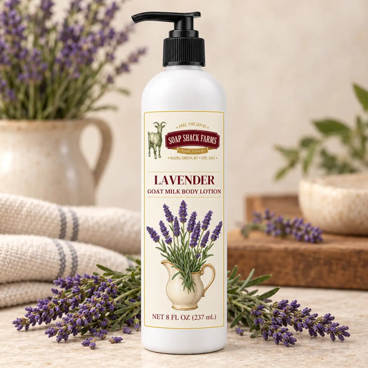 Soap Shack Farms Lavender Goat Milk Body Lotion in an 8 fl oz pump bottle surrounded by lavender sprigs