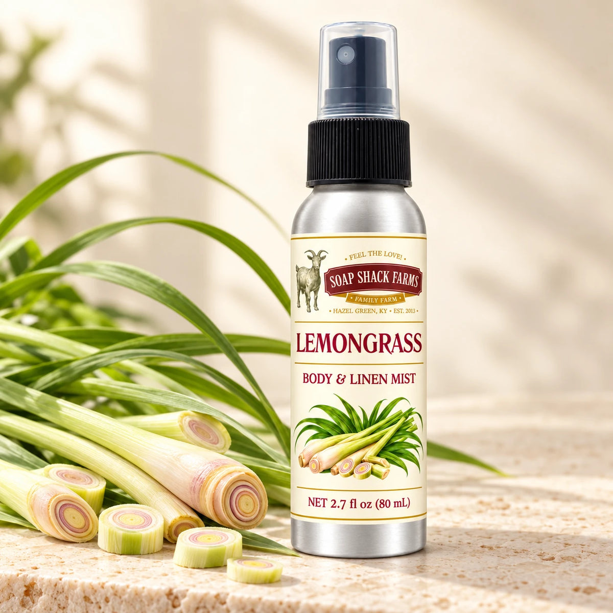 Soap Shack Farms Lemongrass body and linen mist in a warm botanical studio setting.