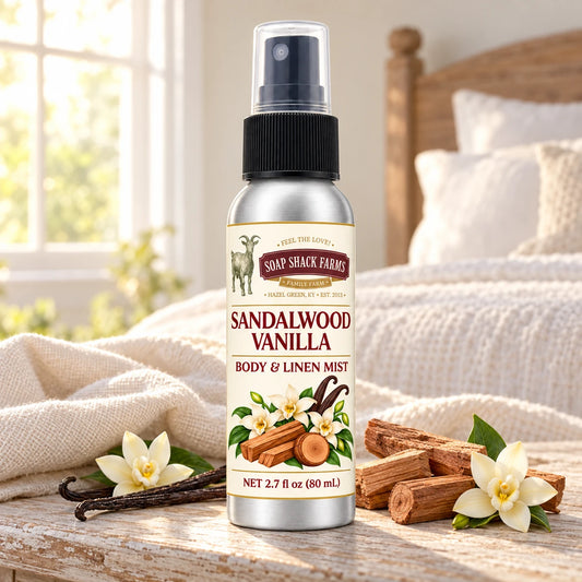 Soap Shack Farms Sandalwood Vanilla body and linen mist on a farmhouse bedside table with natural botanicals and linen.