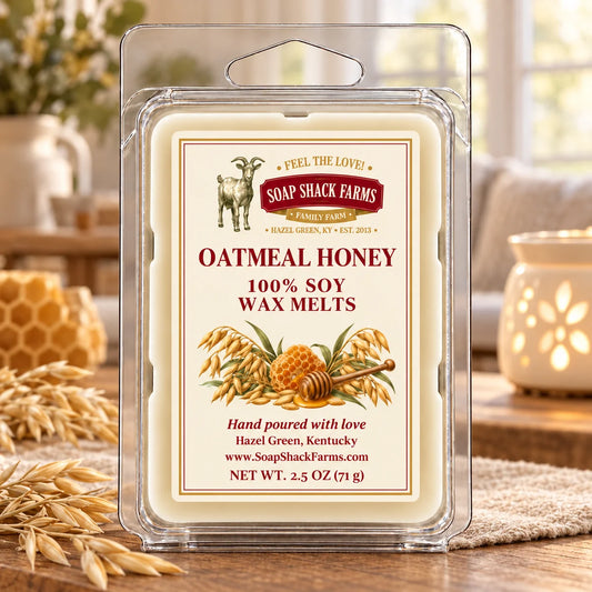 Soap Shack Farms Oatmeal Honey 100% Soy Wax Melts on a rustic farmhouse table with a softly blurred wax warmer.