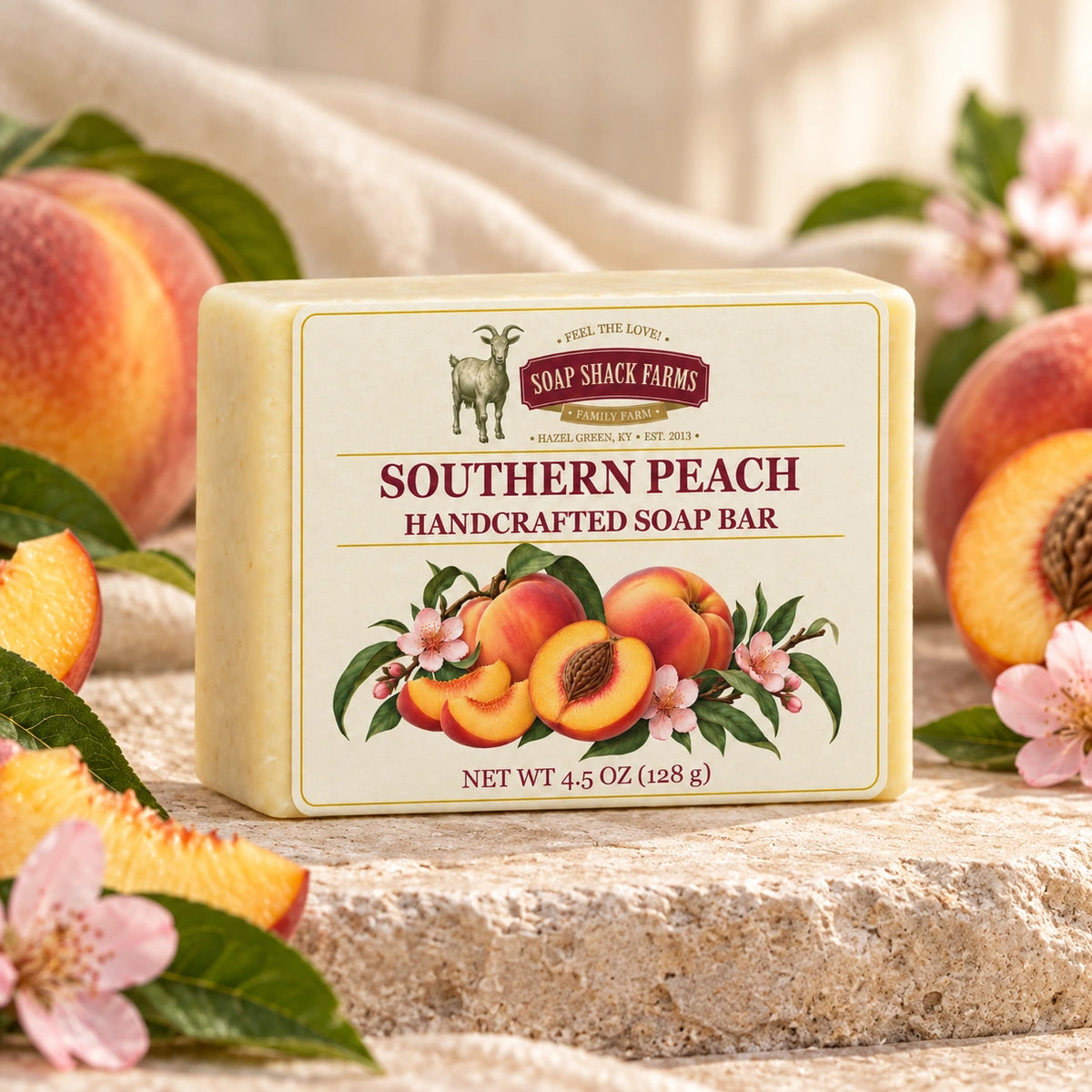 Southern Peach olive oil soap bar on warm cream stone with ripe peaches, leaves, and blossoms.