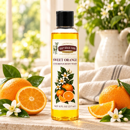 Sweet Orange luxurious body wash with fresh oranges, citrus blossoms, green leaves, and farmhouse linen.