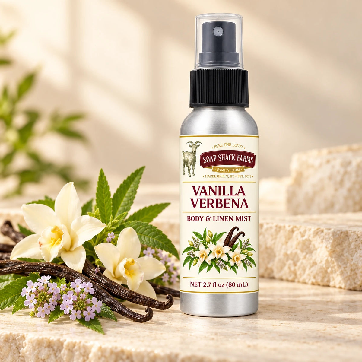 Soap Shack Farms Vanilla Verbena body and linen mist in a warm botanical studio setting.