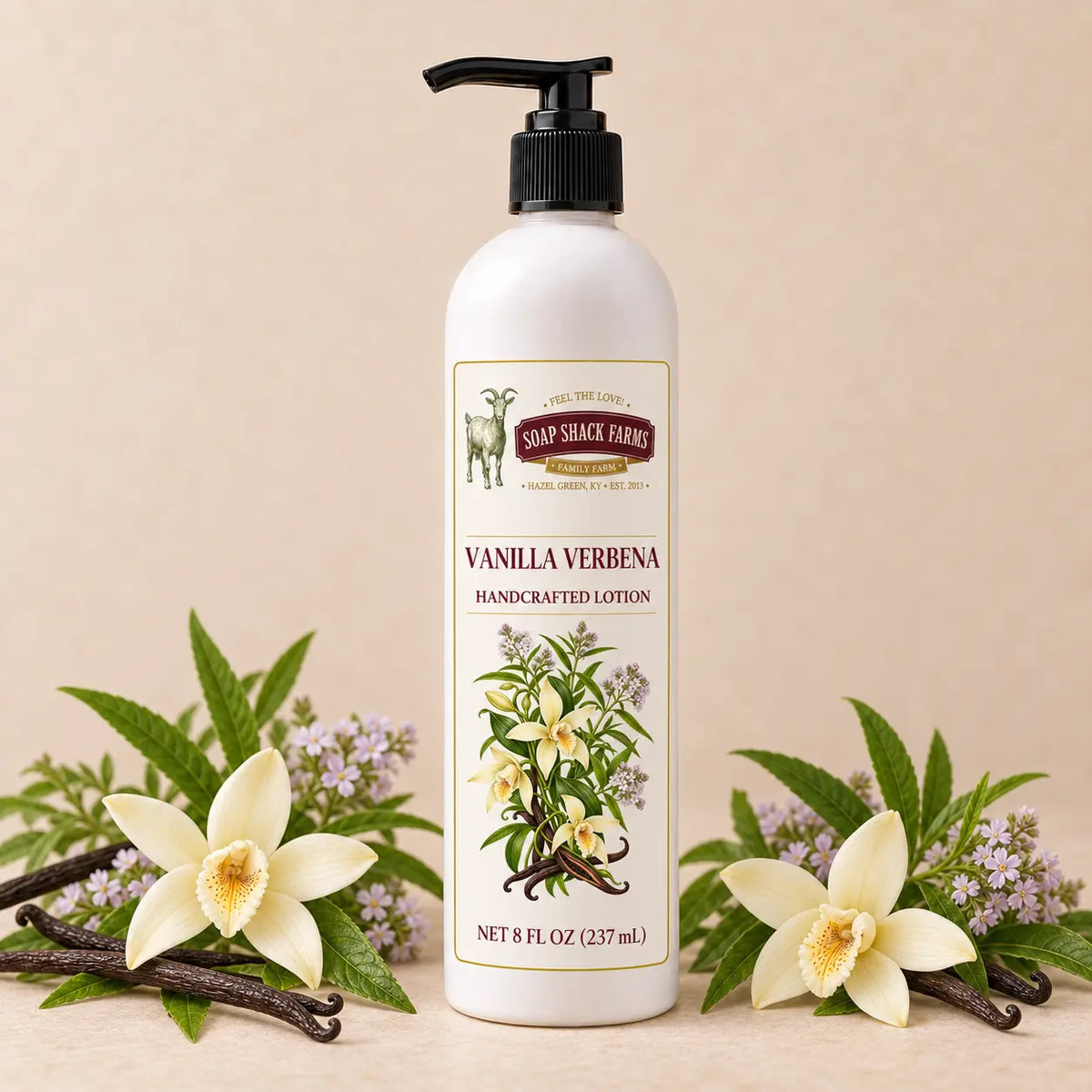 Vanilla Verbena handcrafted body lotion, 8 oz pump bottle styled with vanilla flowers and verbena botanicals