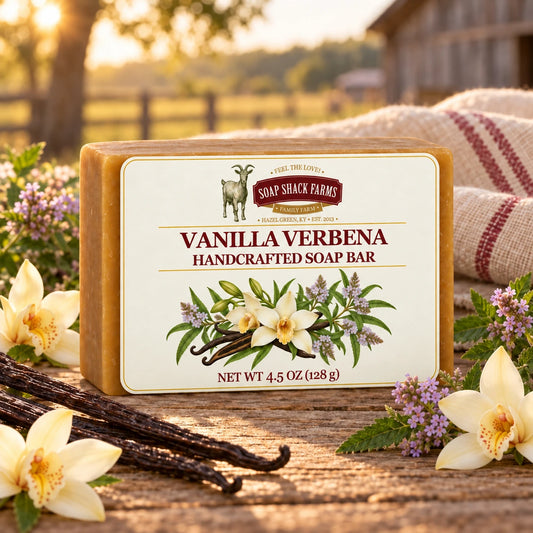 Vanilla Verbena olive oil soap bar on rustic wood with vanilla orchids, beans, and verbena.