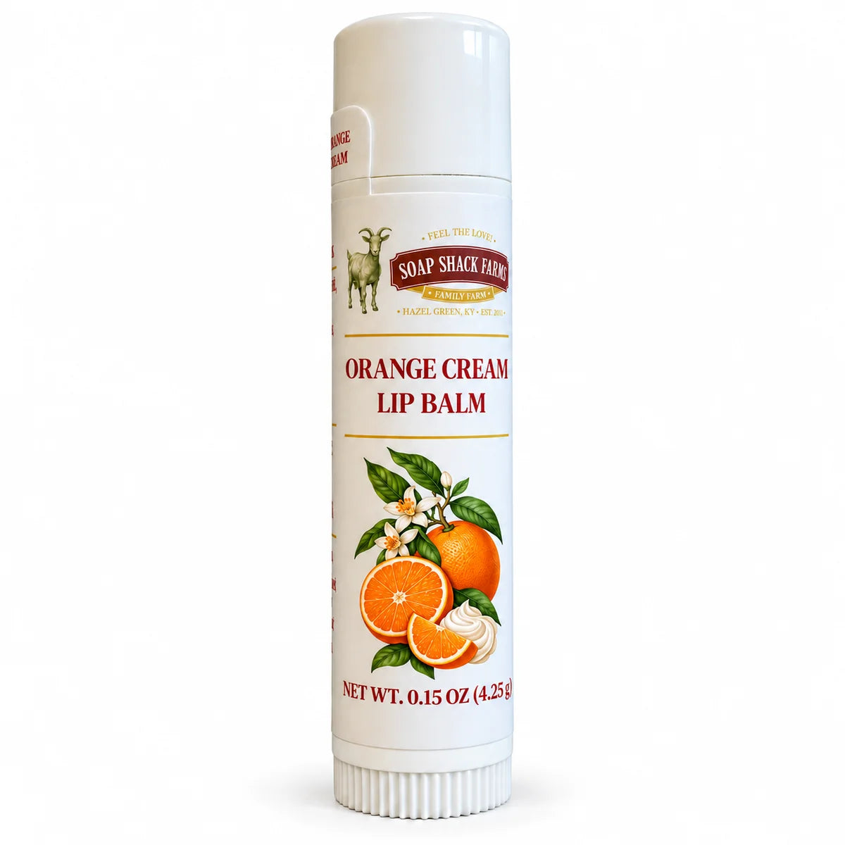 Soap Shack Farms Orange Cream lip balm in a white tube with a cream citrus label and safety tab on a white background.