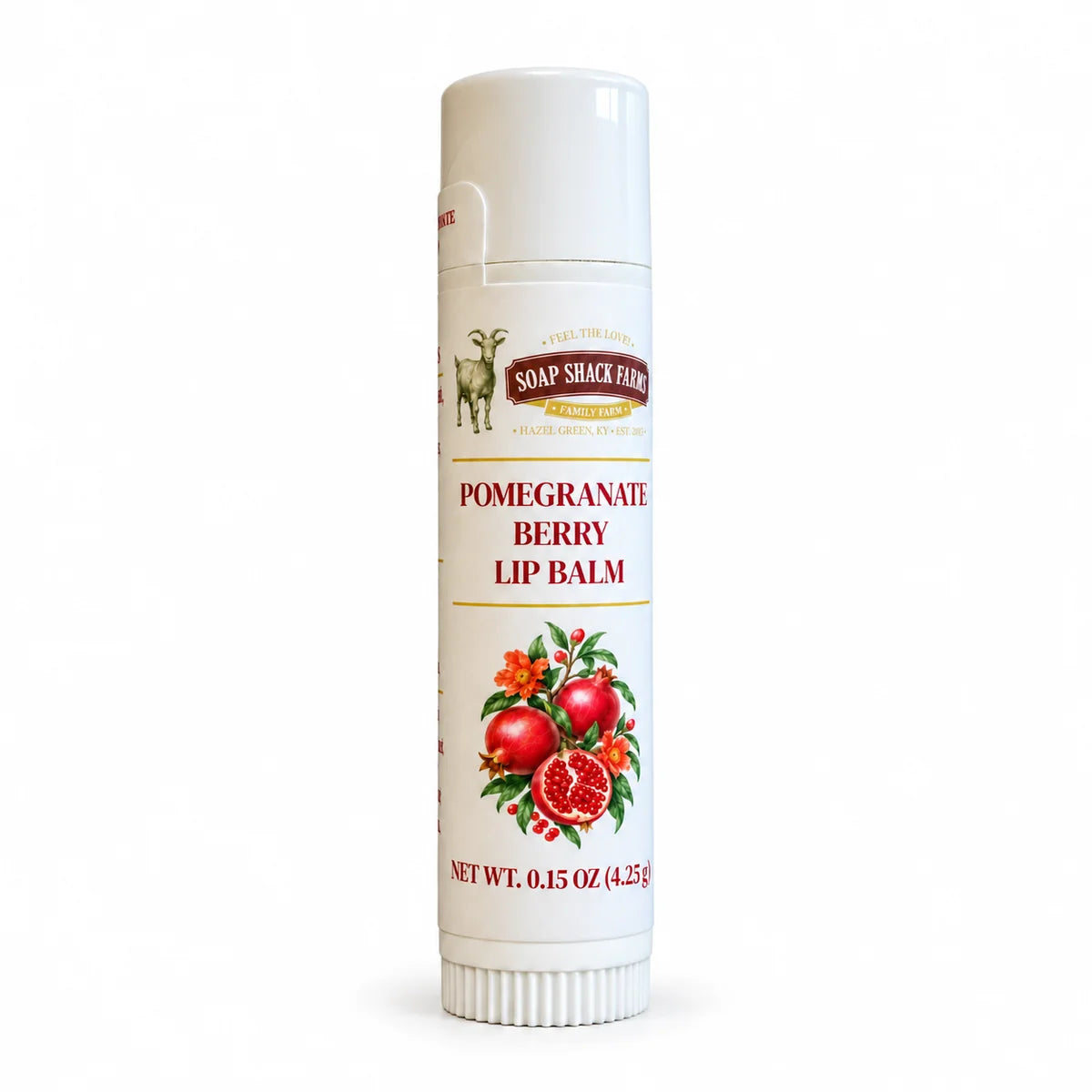 Soap Shack Farms Pomegranate Berry lip balm in a white tube with a cream botanical label and safety tab on a white background.