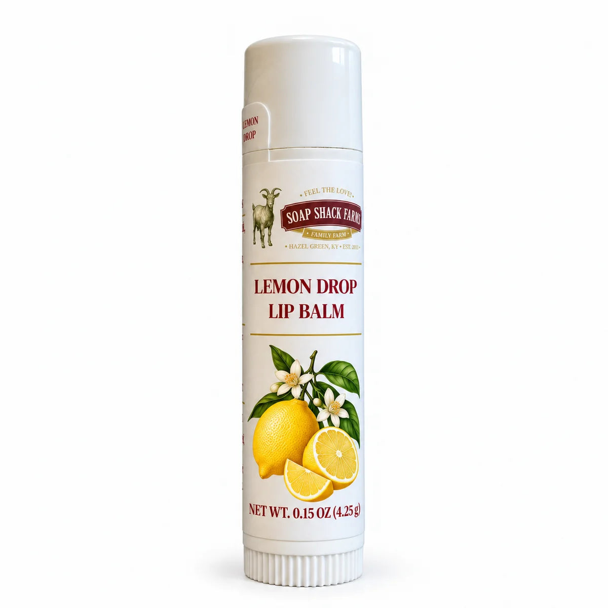 Soap Shack Farms Lemon Drop lip balm in a white tube with a cream lemon botanical label and safety tab on a white background.