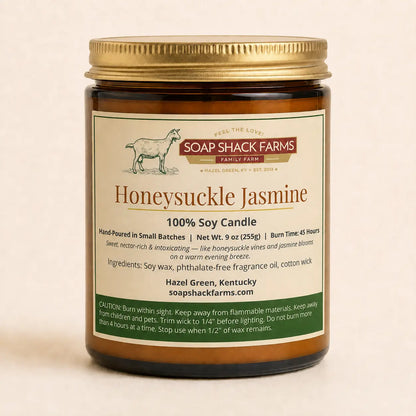 Honeysuckle Jasmine Soy Candle by Soap Shack Farms in amber glass jar with gold lid
