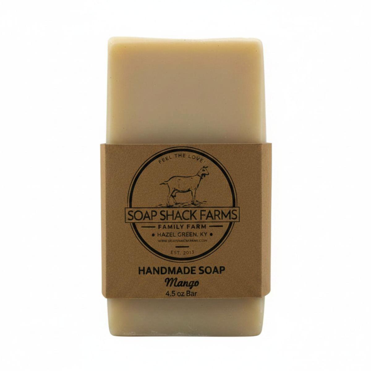 Soap Shack Farms Mango Handmade Soap 4.5 oz bar with kraft paper label on white background — front view