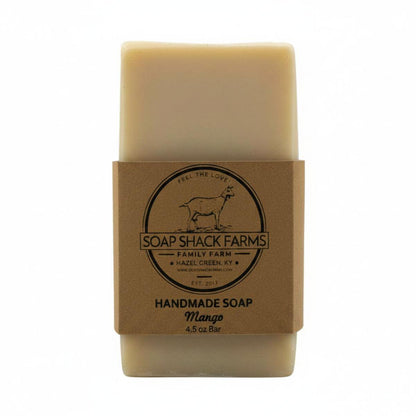 Soap Shack Farms Mango Handmade Soap 4.5 oz bar with kraft paper label on white background — front view