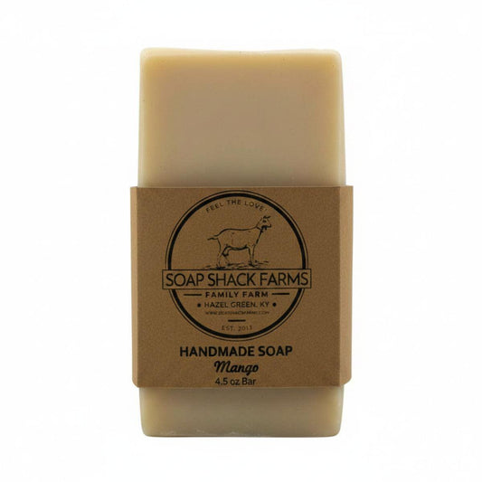 Soap Shack Farms Mango Handmade Soap 4.5 oz bar with kraft paper label on white background — front view