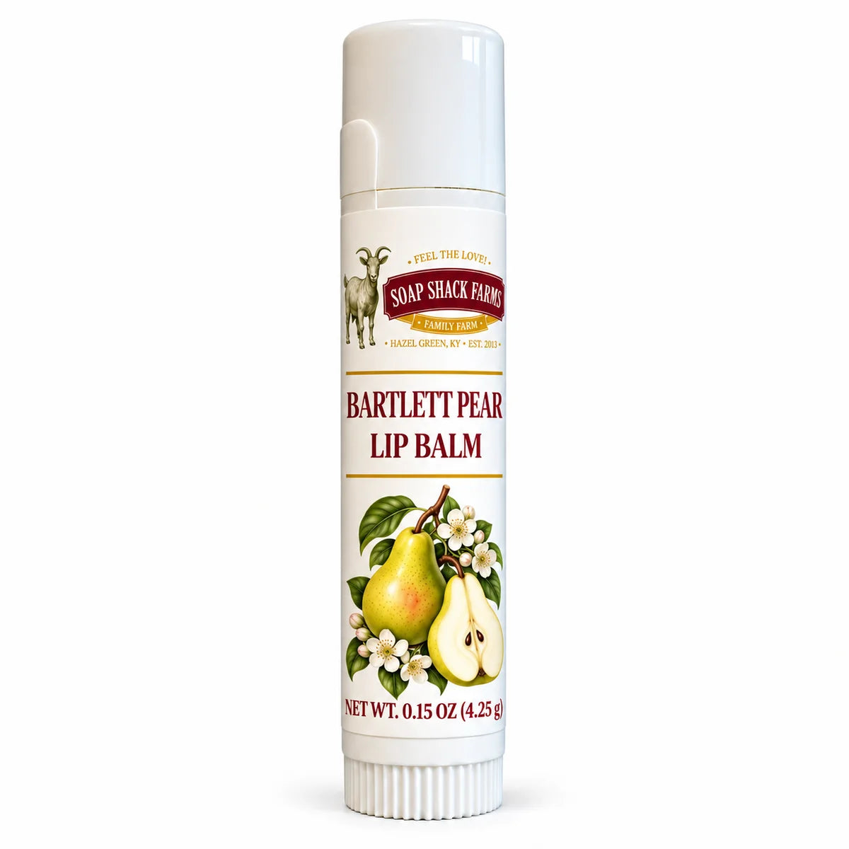 Soap Shack Farms Bartlett Pear Lip Balm in a white 0.15 oz tube on a white background.