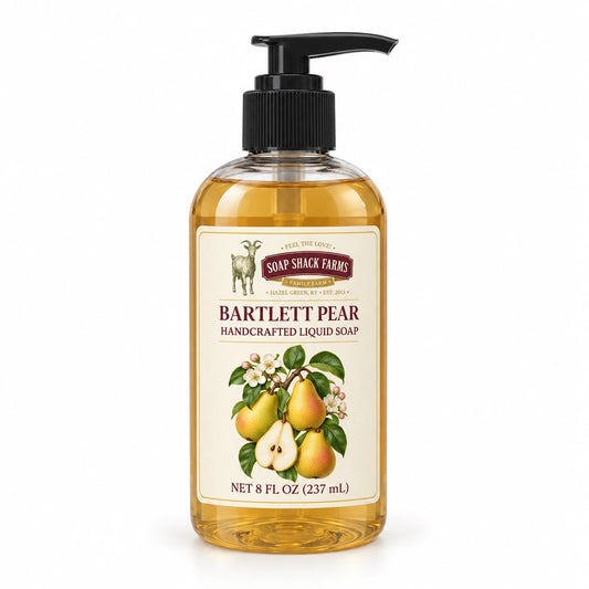 Bartlett Pear handcrafted liquid soap in a clear 8 oz pump bottle on a white background.