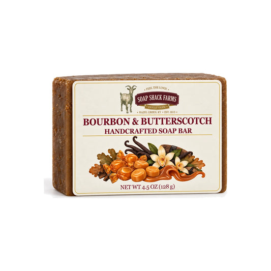 Bourbon and Butterscotch handcrafted olive oil soap bar with caramel, vanilla, and oak-inspired label on white.