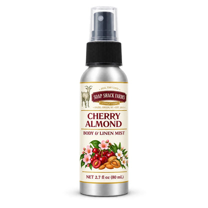 Soap Shack Farms Cherry Almond body and linen mist in a silver 80 mL fine-mist bottle on white.
