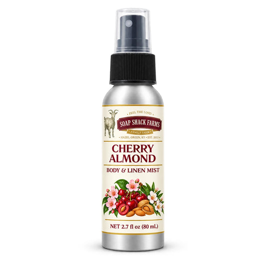 Soap Shack Farms Cherry Almond body and linen mist in a silver 80 mL fine-mist bottle on white.