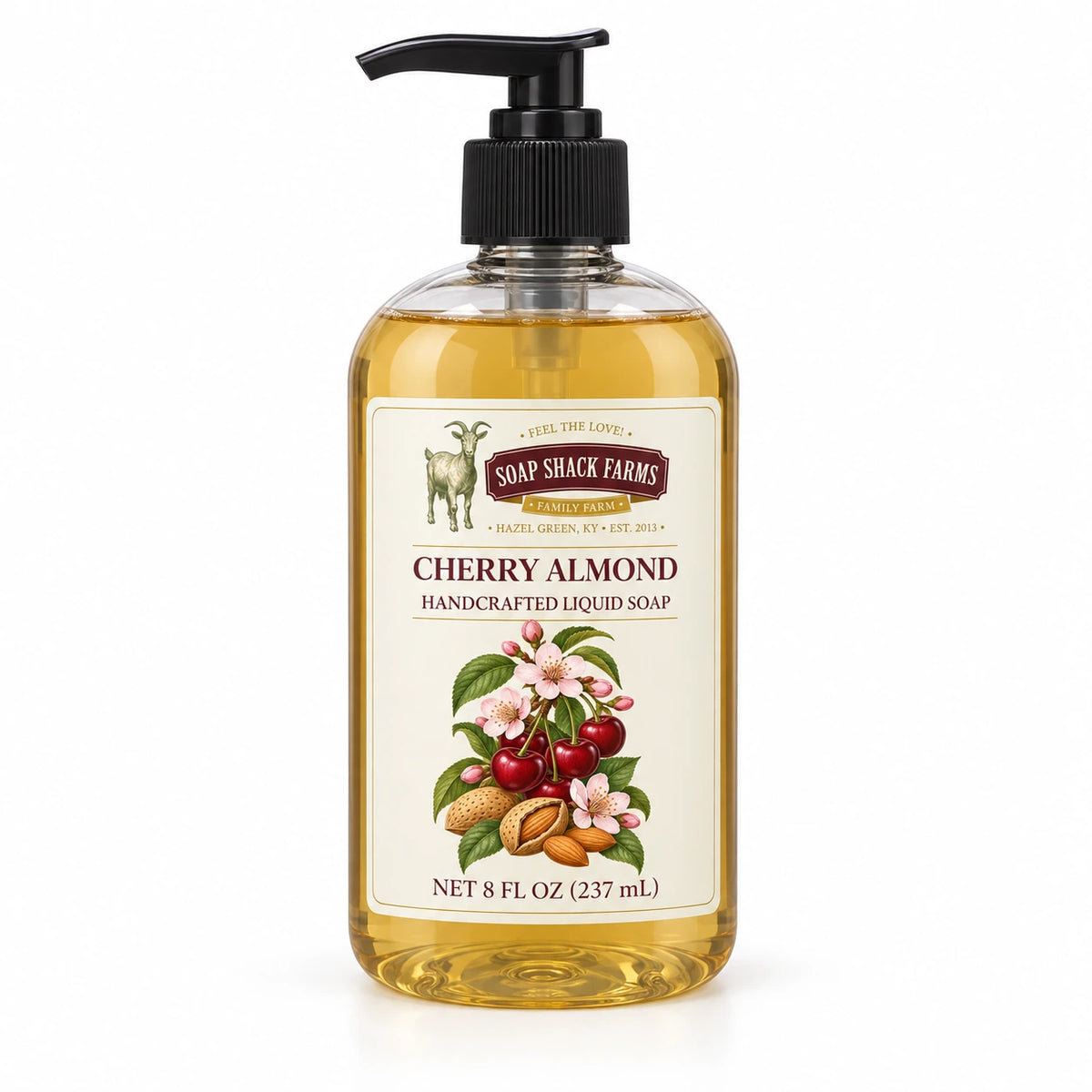 Cherry Almond handcrafted liquid soap in a clear 8 oz pump bottle on a white background.