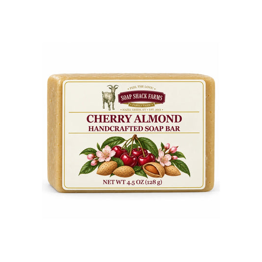 Cherry Almond handcrafted soap bar with cherry and almond botanical label on a white background.
