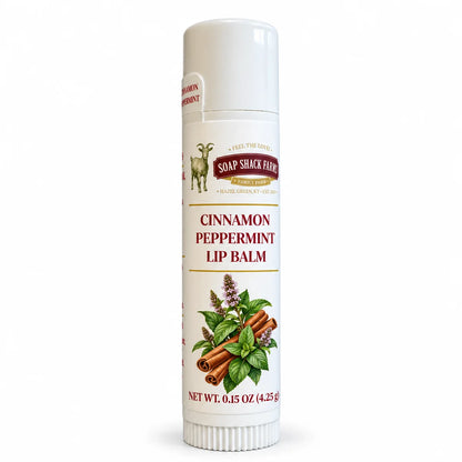 Soap Shack Farms Cinnamon Peppermint lip balm in a slender white tube on a clean white background.