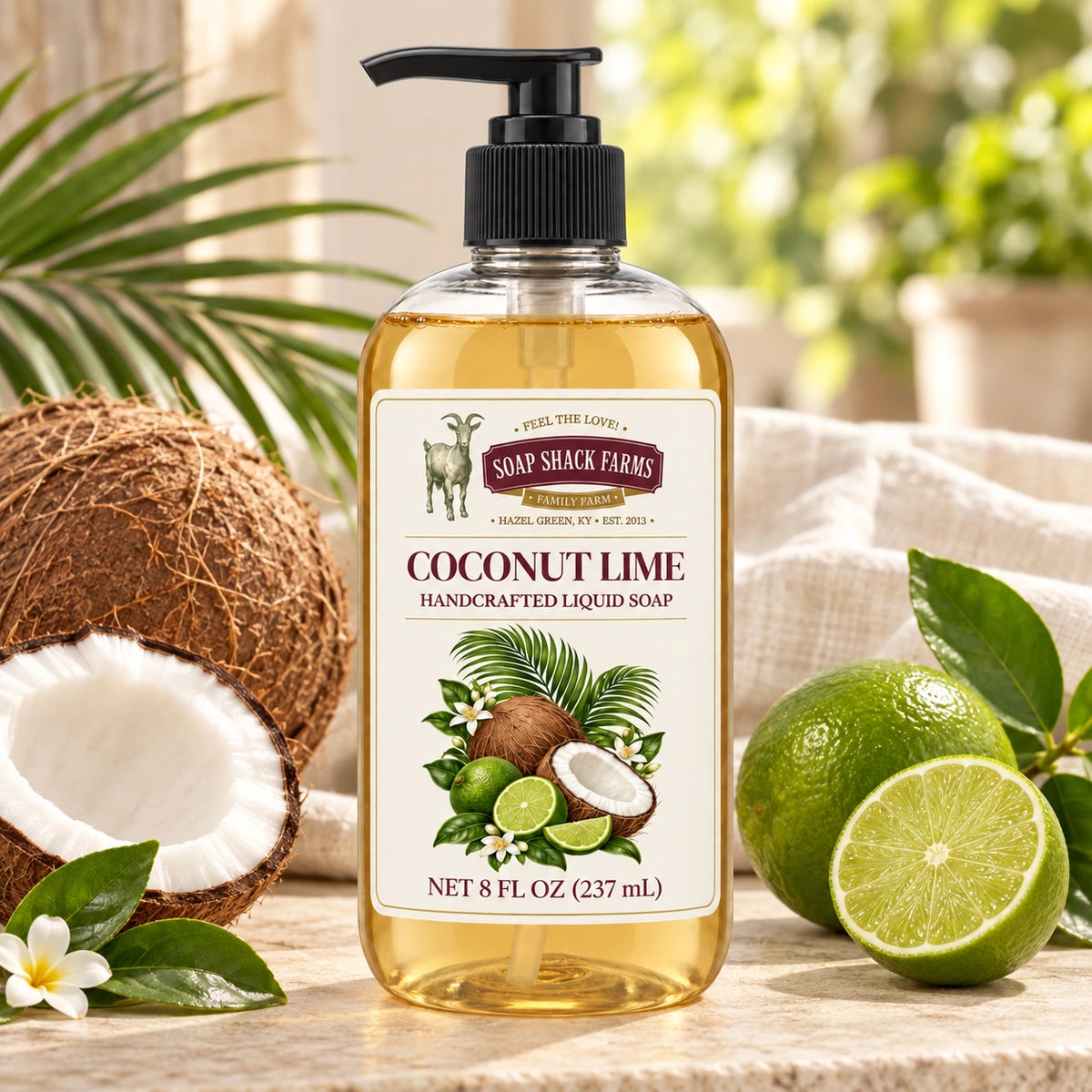 Coconut Lime handcrafted liquid soap with fresh coconut halves, sliced limes, green leaves, and farmhouse linen.