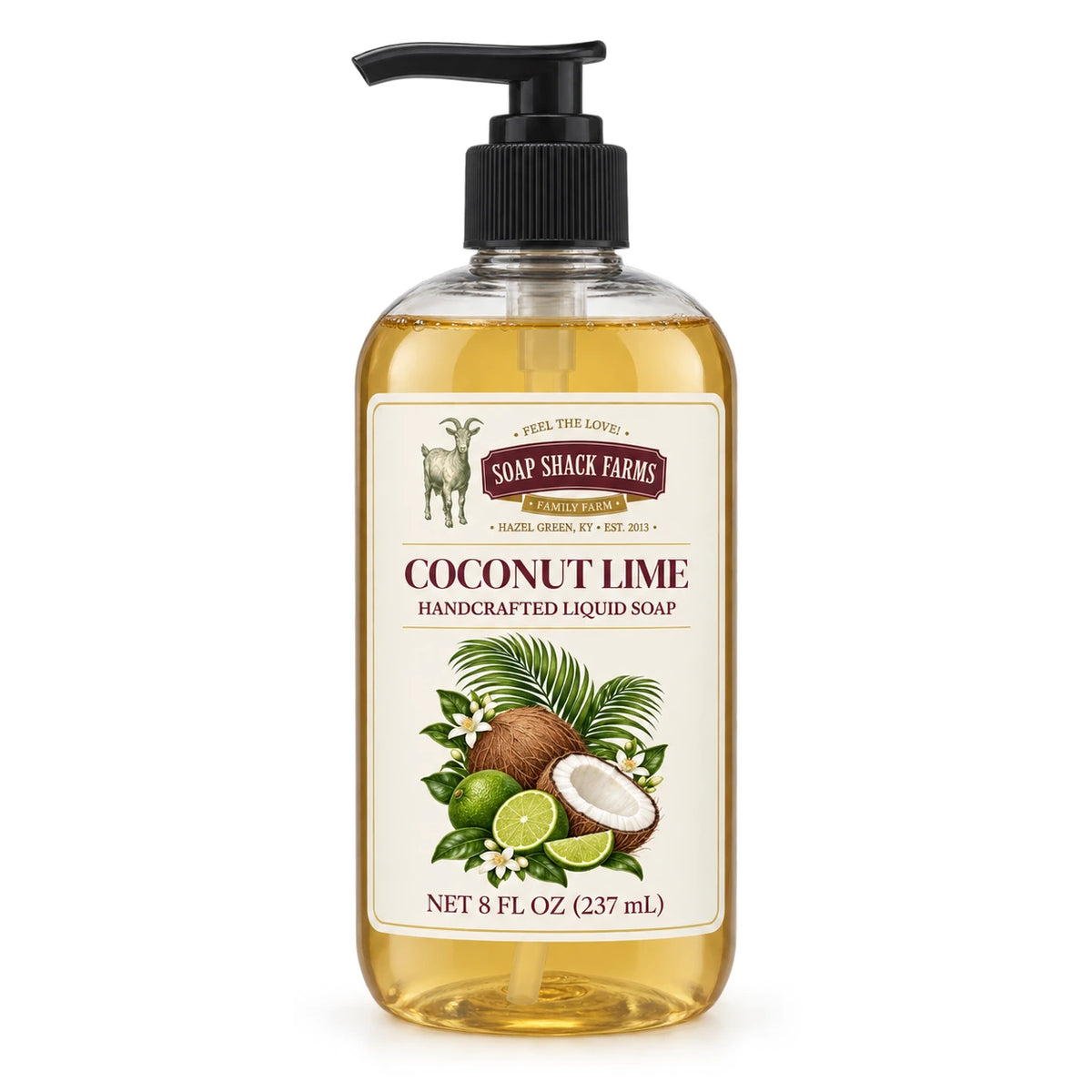 Coconut Lime handcrafted liquid soap in a clear 8 oz pump bottle on a white background.
