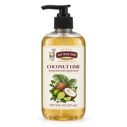 Coconut Lime handcrafted liquid soap in a clear 8 oz pump bottle on a white background.
