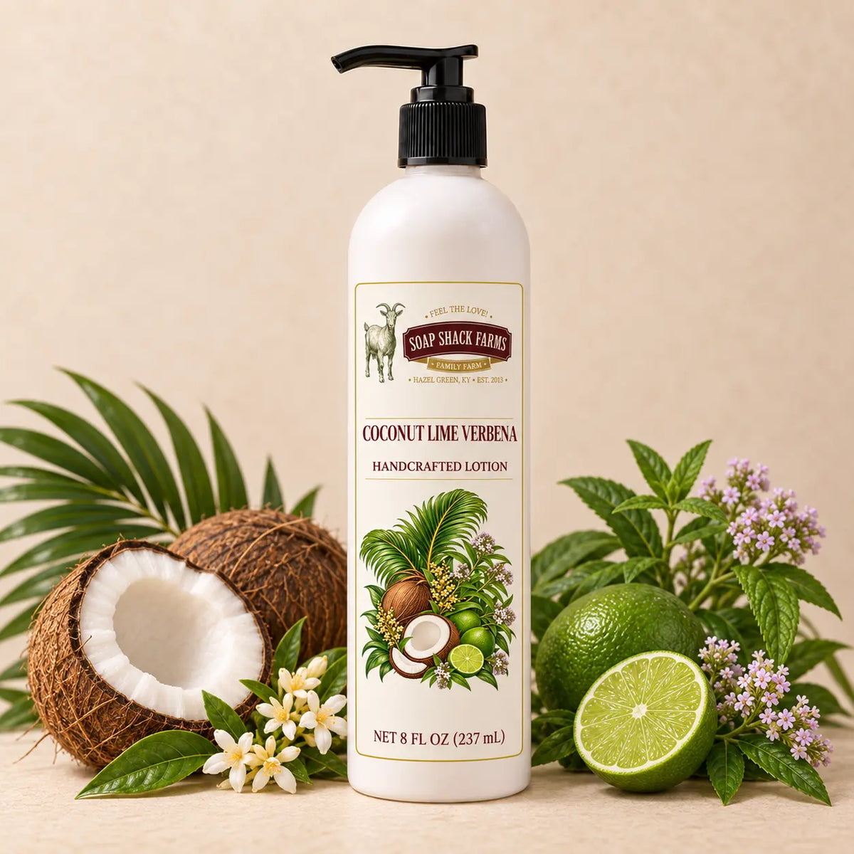 Coconut Lime Verbena handcrafted body lotion, 8 oz pump bottle styled with coconut, lime and verbena flowers