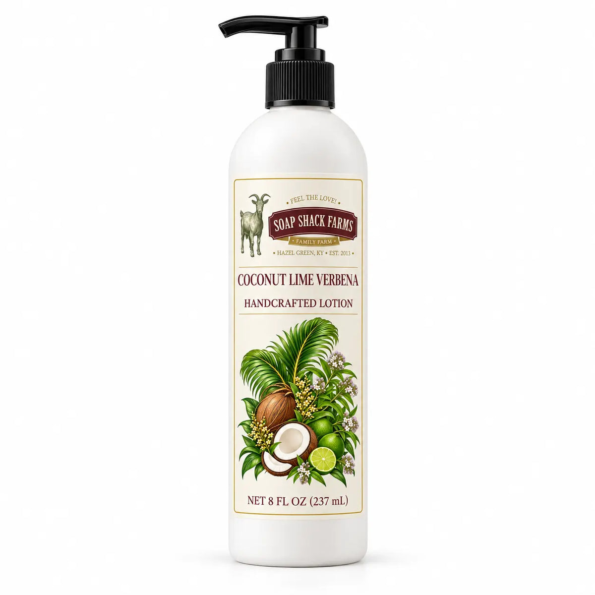 Coconut Lime Verbena handcrafted body lotion by Soap Shack Farms, 8 oz pump bottle on white background