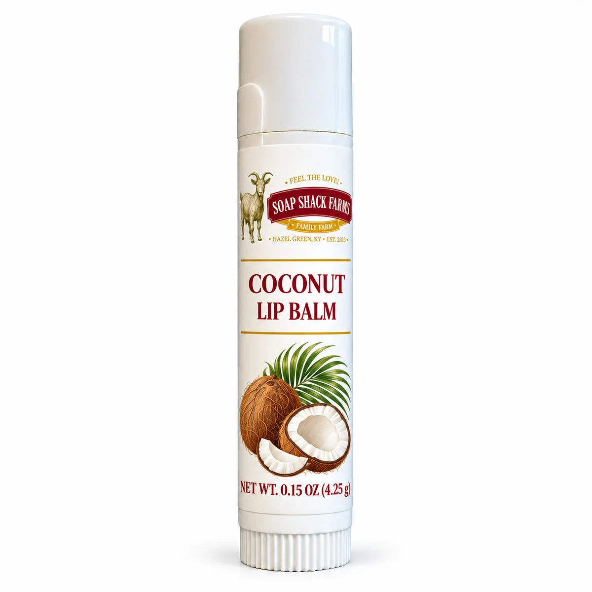 Soap Shack Farms Coconut Lip Balm in a white 0.15 oz tube on a white background.