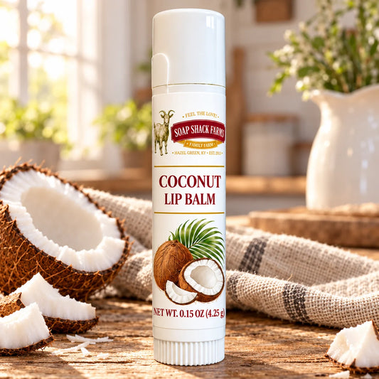 Soap Shack Farms Coconut Lip Balm in a white 0.15 oz tube on a rustic wooden table with linen in a sunlit farmhouse setting.