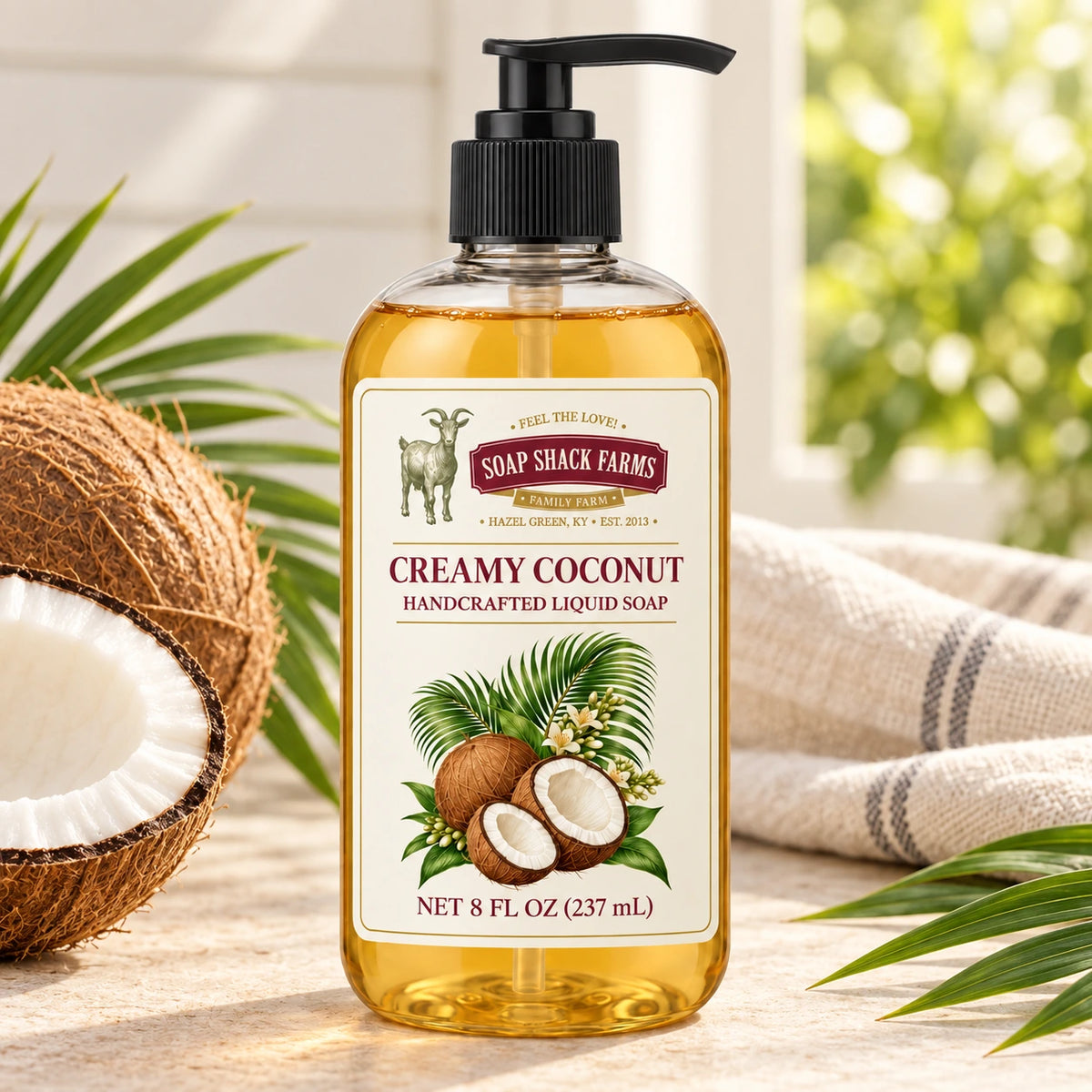 Creamy Coconut handcrafted liquid soap with fresh coconut halves, palm leaves, and farmhouse linen in a sunlit setting.
