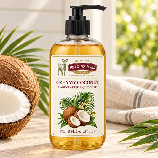 Creamy Coconut handcrafted liquid soap with fresh coconut halves, palm leaves, and farmhouse linen in a sunlit setting.
