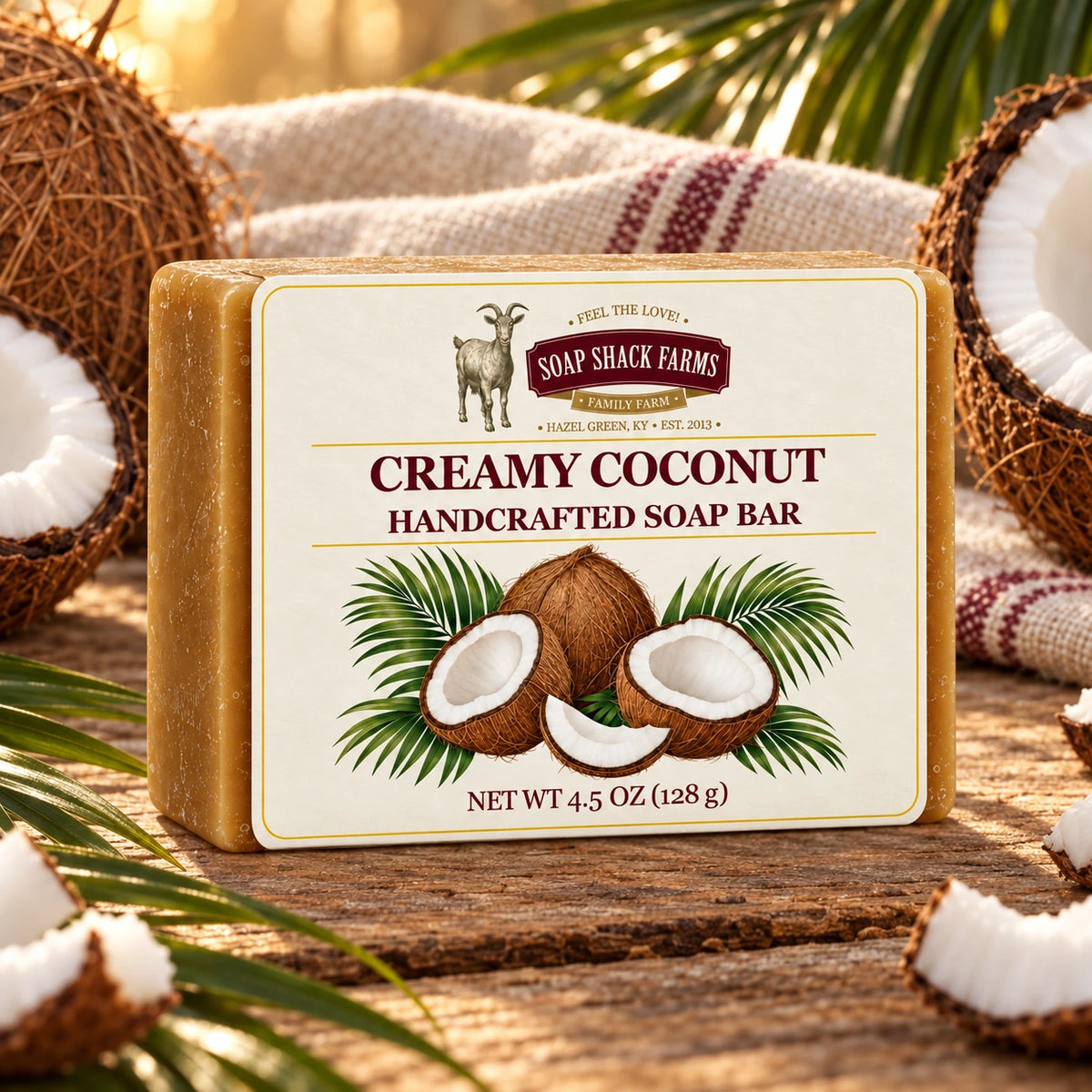 Creamy Coconut olive oil soap bar on rustic wood with coconuts, palm leaves, and farmhouse linen.