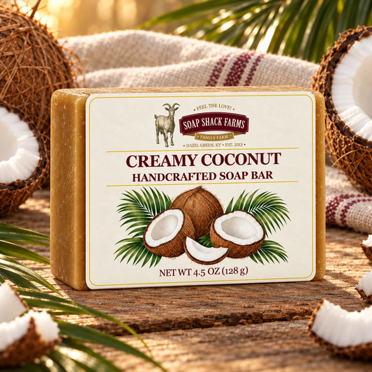 Creamy Coconut olive oil soap bar on rustic wood with coconuts, palm leaves, and farmhouse linen.