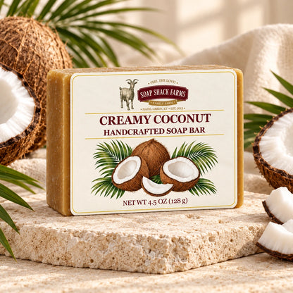 Creamy Coconut olive oil soap bar on warm cream stone with halved coconuts, coconut pieces, and palm leaves.