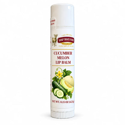 Soap Shack Farms Cucumber Melon Lip Balm in a white 0.15 oz tube on a white background.