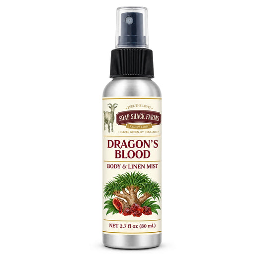 Soap Shack Farms Dragons Blood body and linen mist in a silver 80 mL fine-mist bottle on white.