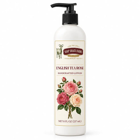 Soap Shack Farms English Tea Rose Body Lotion, 8 fl oz pump bottle on a white background