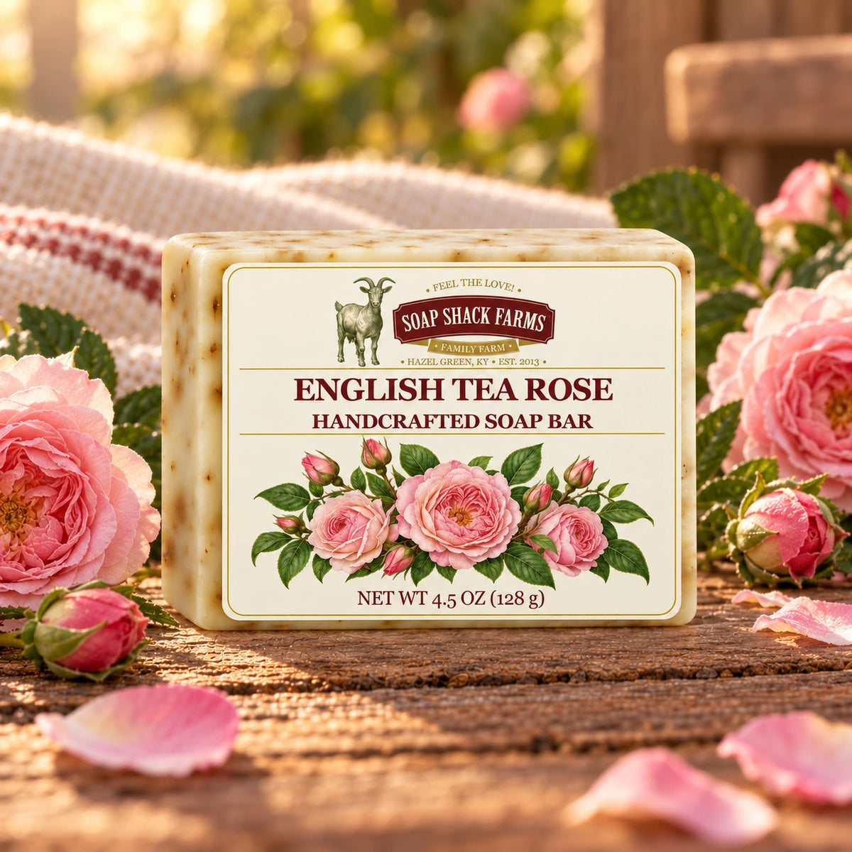 English Tea Rose handcrafted soap bar surrounded by pink roses on a rustic wooden table.