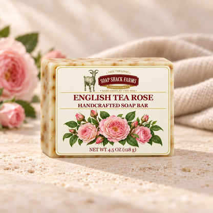Soap Shack Farms English Tea Rose handcrafted soap bar on a white background.