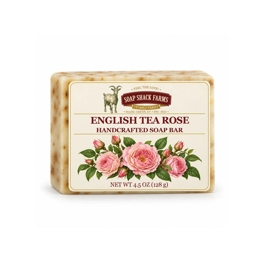 Soap Shack Farms English Tea Rose handcrafted soap bar on a white background.