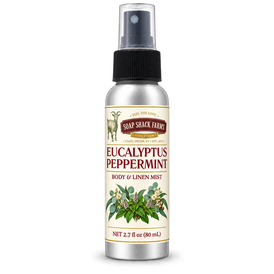 Soap Shack Farms Eucalyptus Peppermint body and linen mist in a silver 80 mL fine-mist bottle on white.