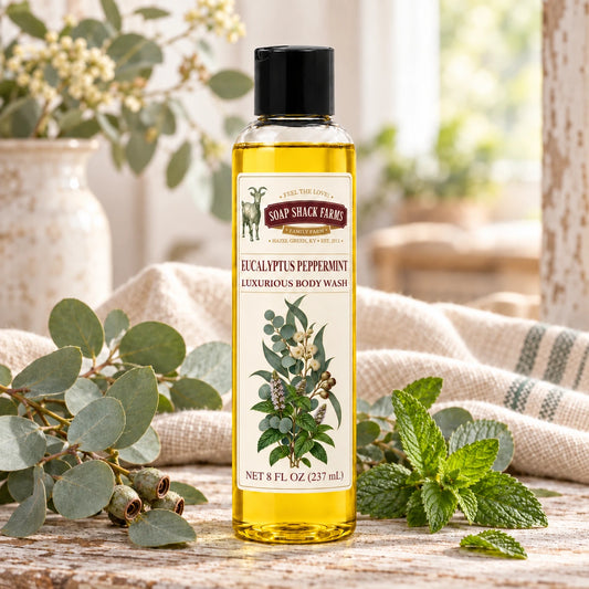 Eucalyptus Peppermint luxurious body wash with fresh eucalyptus, peppermint leaves, cream linen, and farmhouse wood.