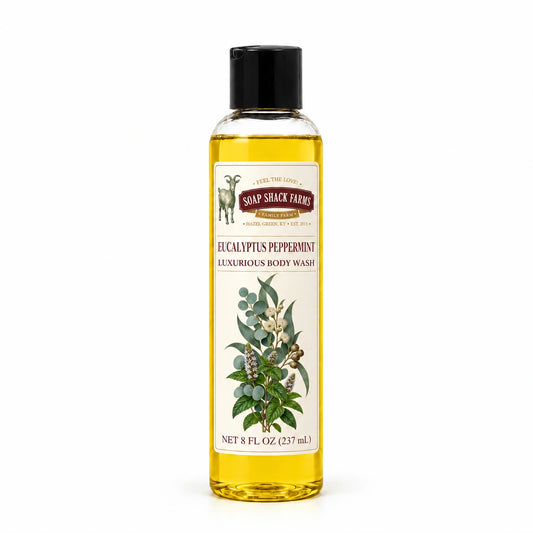 Eucalyptus Peppermint luxurious body wash in a slender clear 8 oz bottle with a black disc-top cap on a white background.